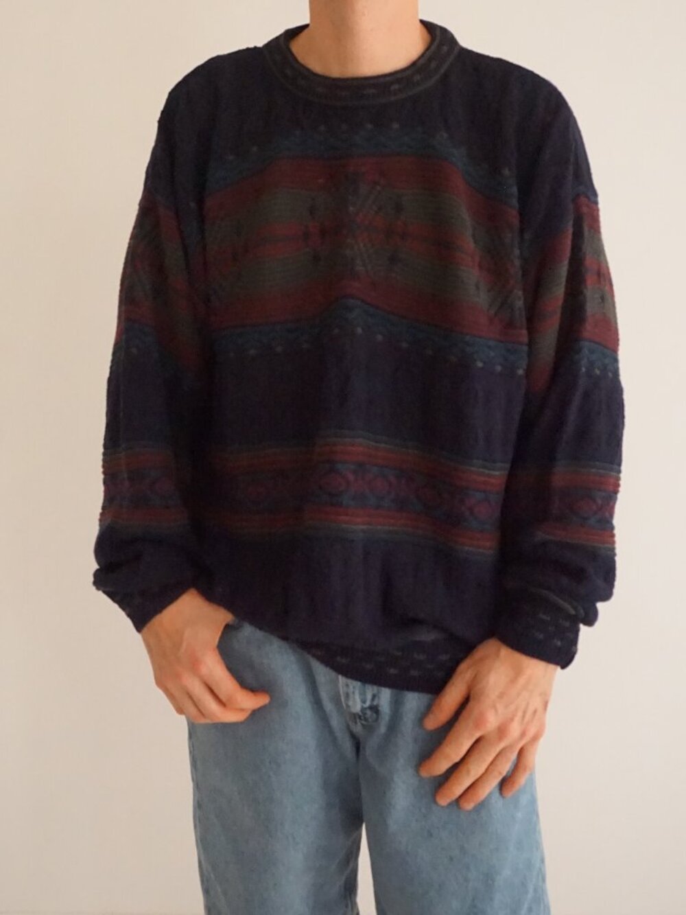 Vintage Aigner Navy Burgundy Olive Geometric Patterns Cotton Designer Sweater XL